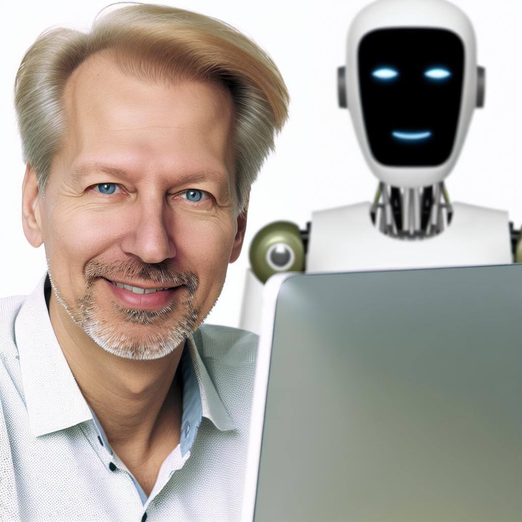 Красивый мужчина 45 лет, европейской внешности, блондин, с усами и короткой бородой без седины, улыбается и сидит за компьютером а позади него стоят A