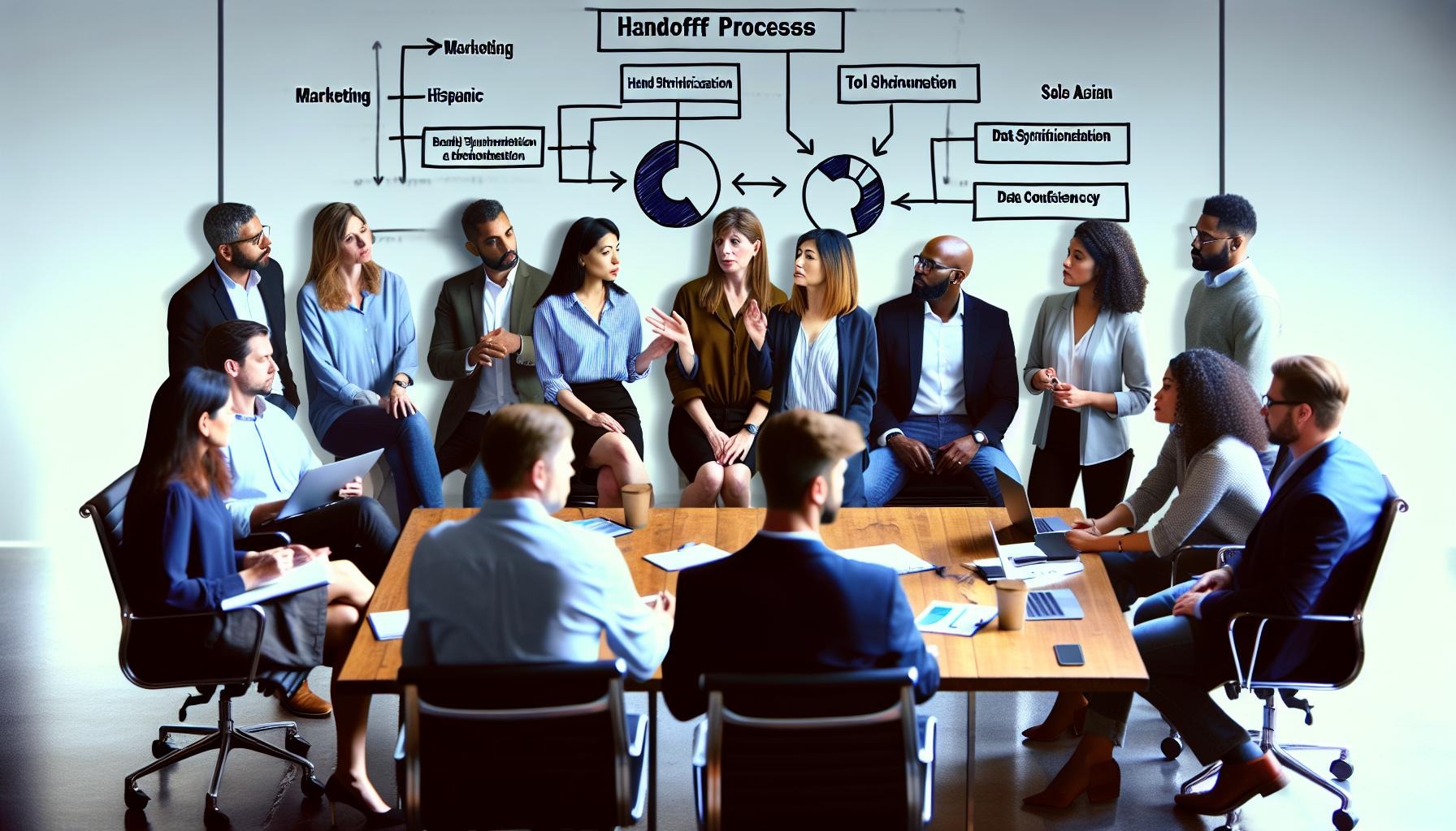 An image of a team meeting between marketing and sales operations discussing handoff processes, tool synchronization, data consistency, alignment on g-2-1